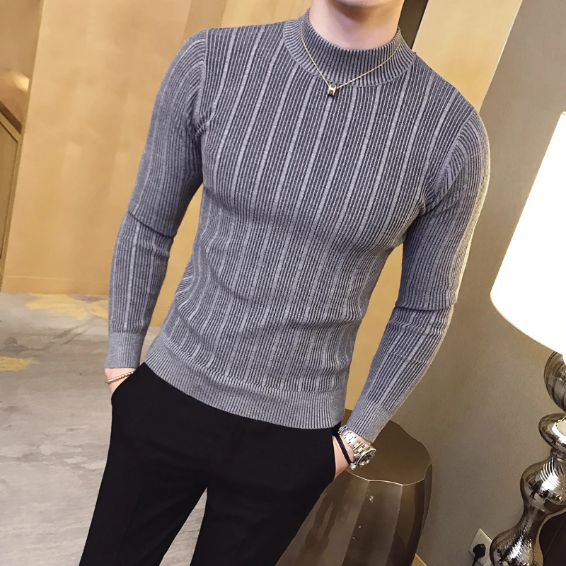 Turtleneck Sweater Men - New Autumn Winter High Collar Striped