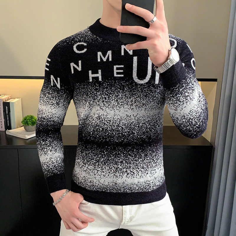 Korean Letter Jacquard Velvet  - огляд і ціна Turtleneck Sweater Men